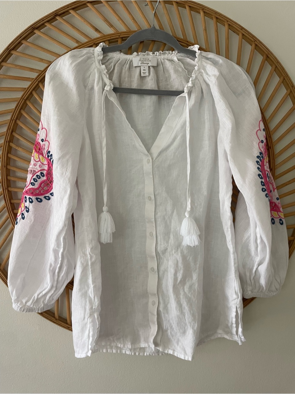 linen charter club  Cotton White Peasant Blouse size small